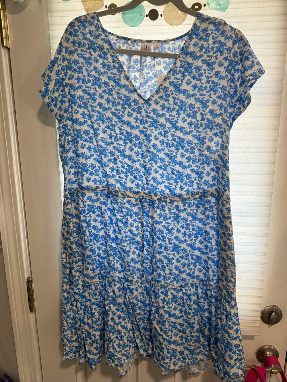 GAP Cream Dress with Blue Floral Print and Drawstring Waist
